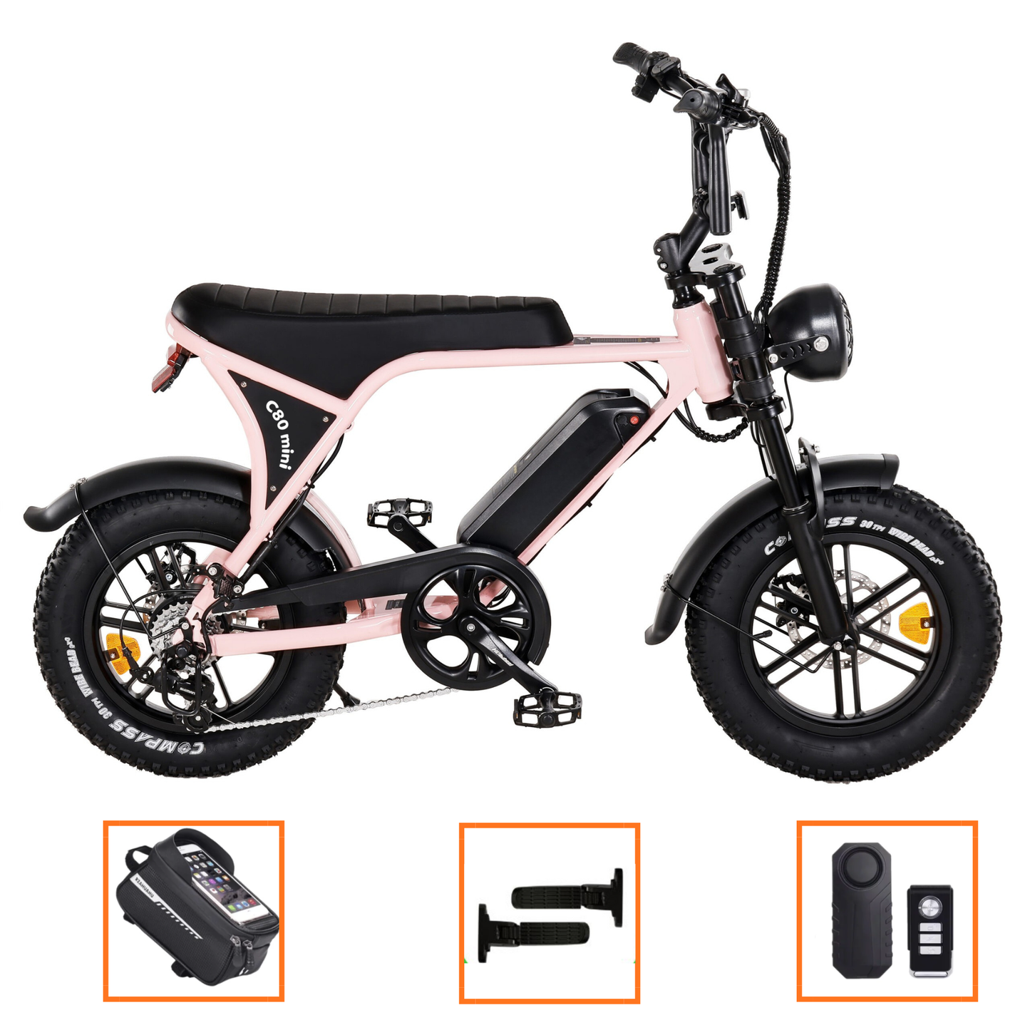 OUXI C80 Mini fatbike Roze – Hydraulische Remmen, 250W Motor & Tot 50 km Bereik