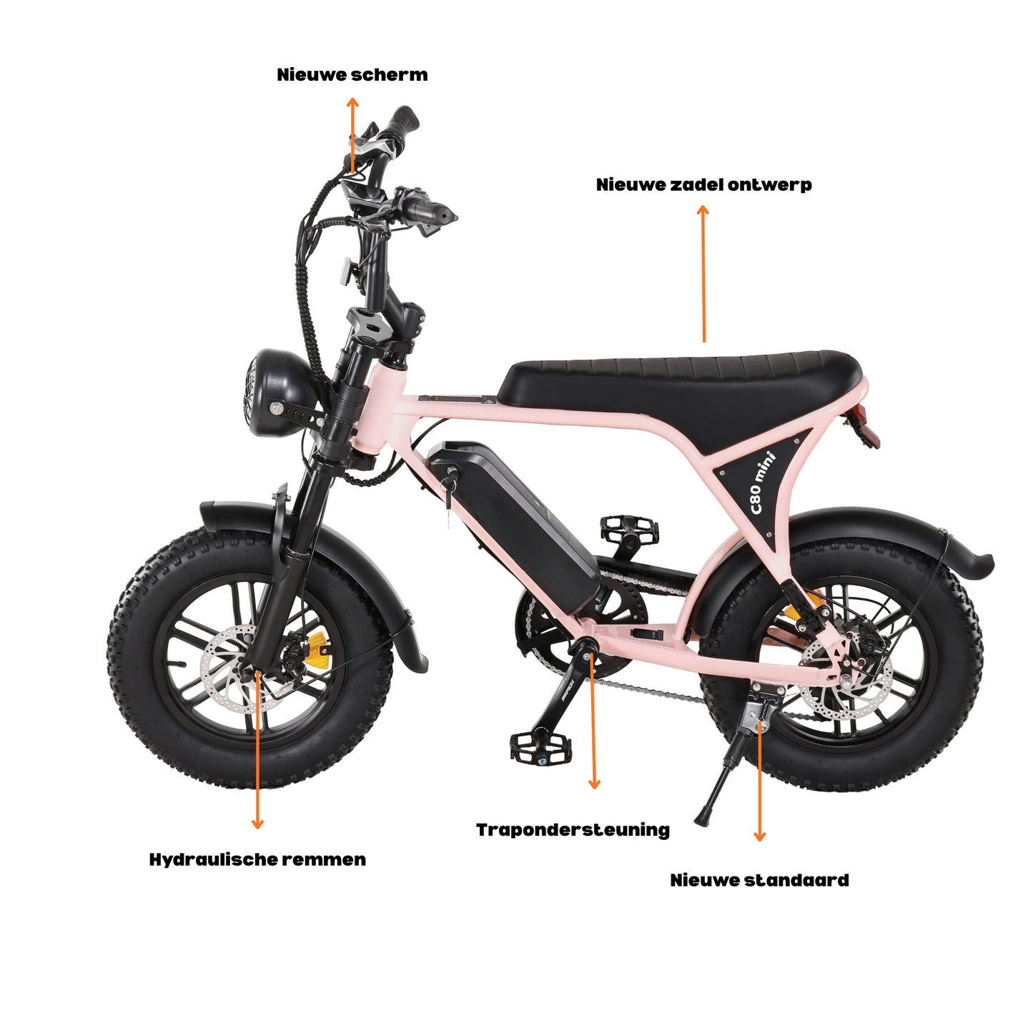 OUXI C80 Mini fatbike Roze – Hydraulische Remmen, 250W Motor & Tot 50 km Bereik