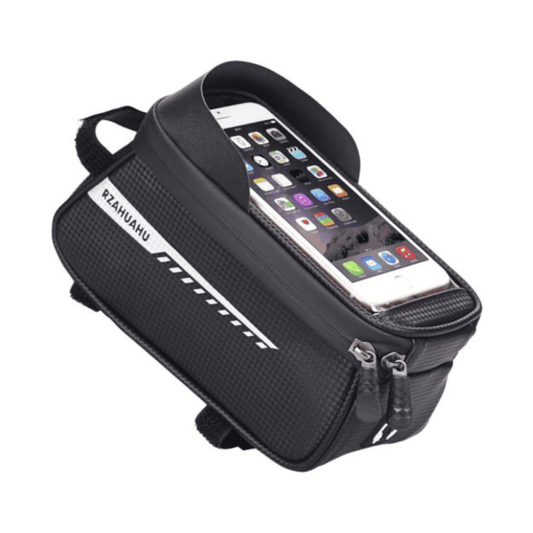 Zwarte universele telefoontas gemonteerd op fatbike stuur